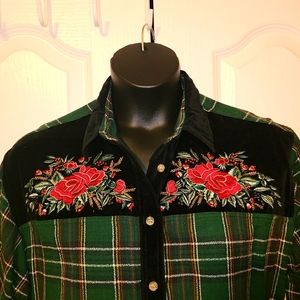 Green plaid flannel with black velvet and rose embroidery